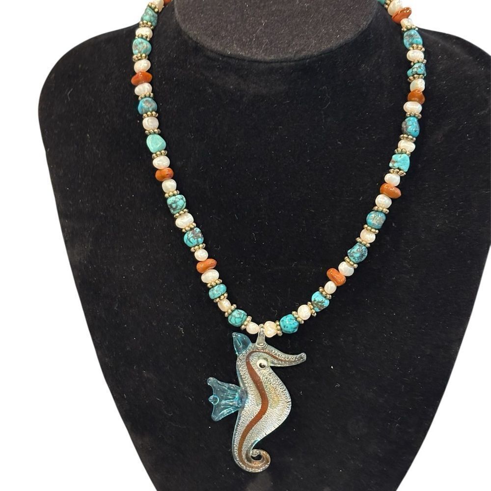 Seahorse Pendant Beaded Necklace Genuine Turquoise Freshwater Pearls Coral